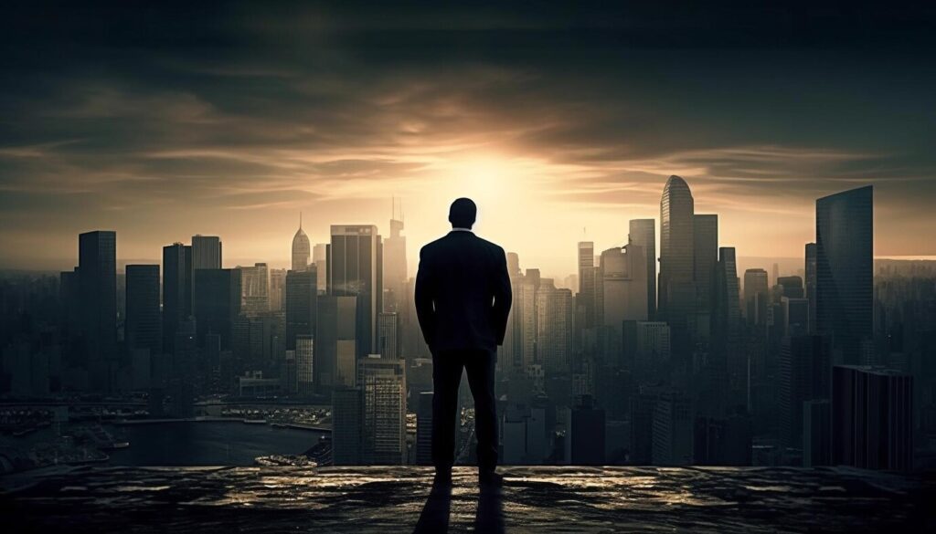 man stands ledge front cityscape with success